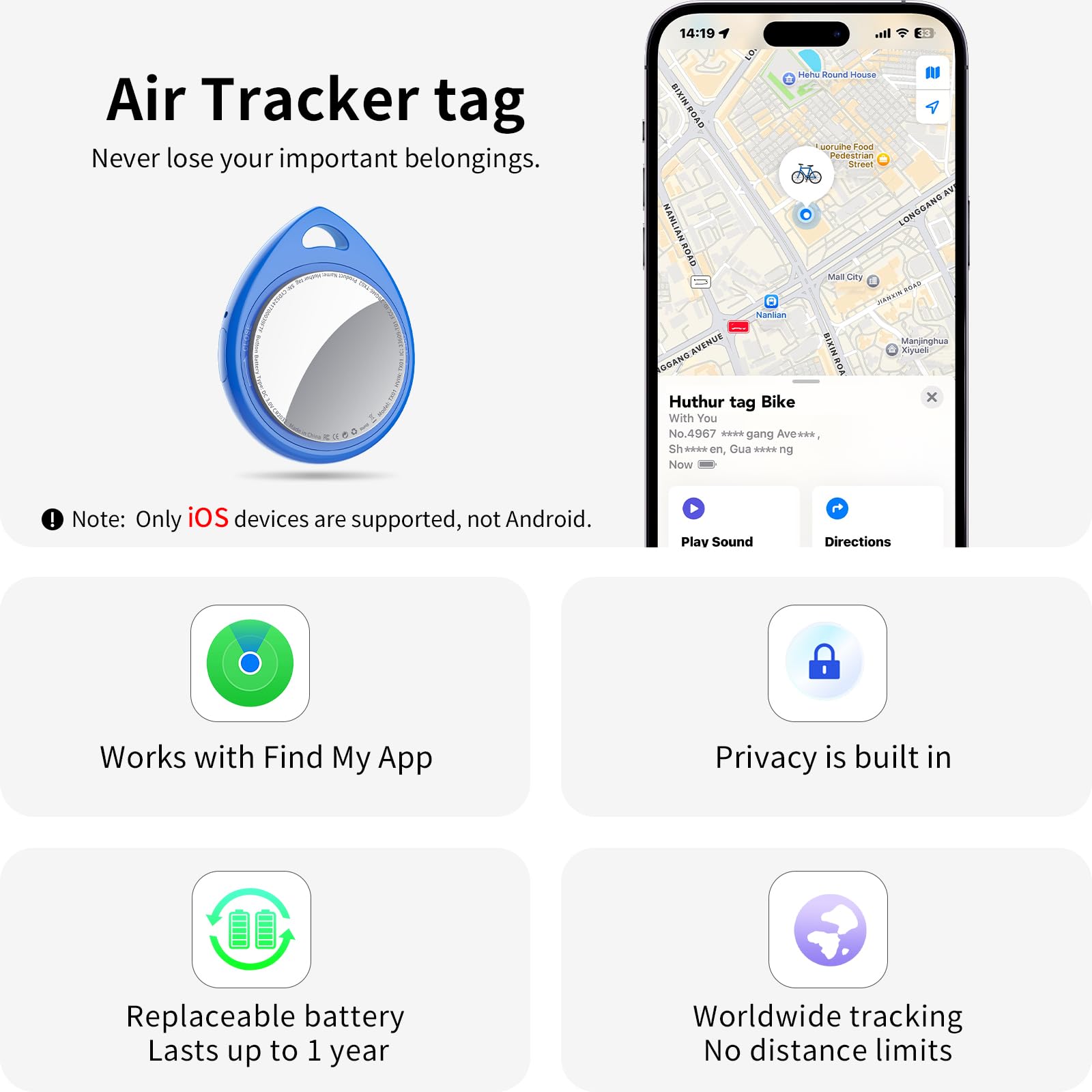 QCOQ® Air Tags 4 Pezzi ​Blu, Smart Tracker Bluetooth Compatibile con Apple Dov’è App (solo iOS), Localizzatore Chiavi fino a 100dB con Batteria Sostituibile per Chiavi/Bagagli/Valigie/Portafogli