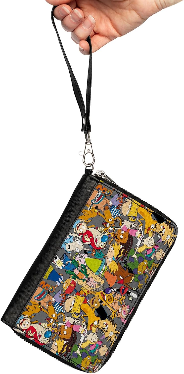 Buckle-Down Nickelodeon Wallet, Zip Around, Nick 90s Rewind Mutli Character Mash Up Collage Gray, Vegan Leather