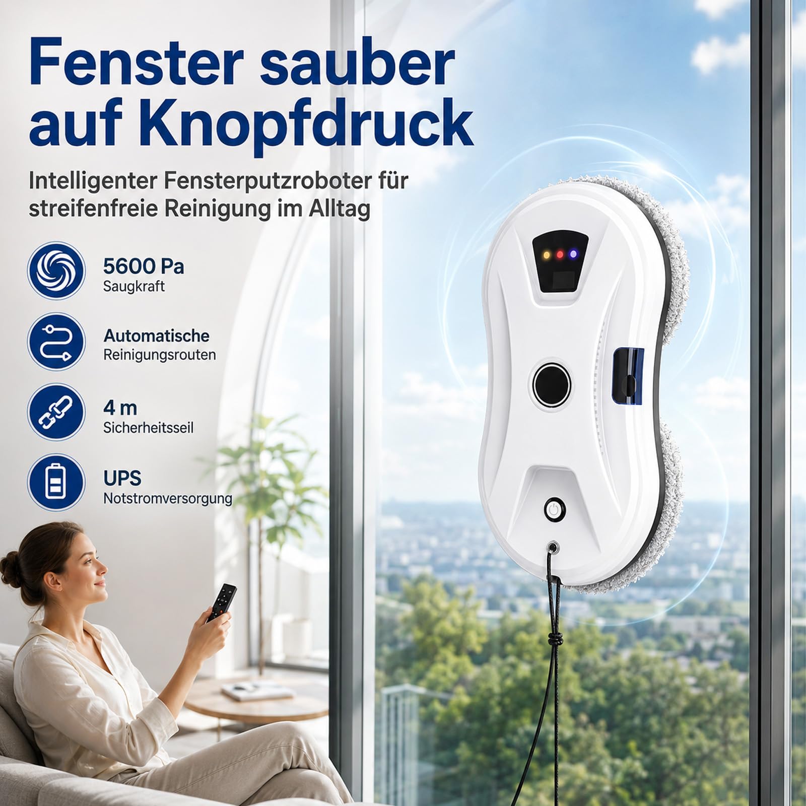 Osmo RoboClean Fensterputzroboter, Automatischer Fensterreiniger mit Starker Saugkraft & Wassersprühen, Intelligente Navigation & Kantenerkennung, Fernsteuerung, 3 Reinigungsmodi (Nass/Trocken)