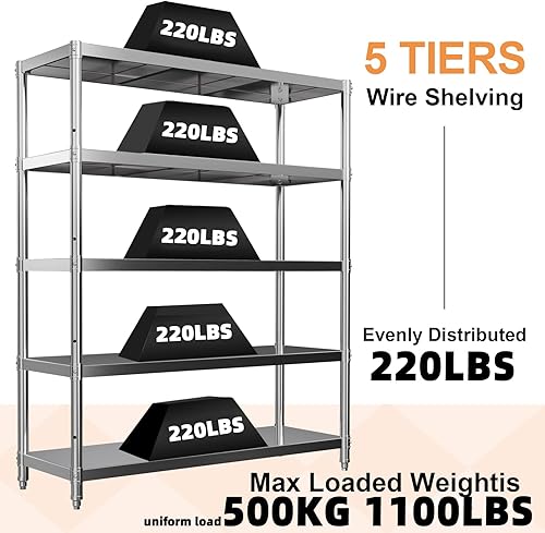 Miniatura 4 de Estante de almacenamiento, estantes de acero inoxidable ajustables de 5 niveles, estantes de metal resistentes, unidades de estantería de alta