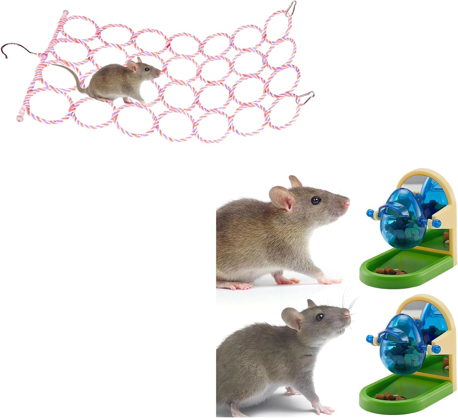 1 Pcs Rat Climbing Rope Net Toy for Cage, Bird Hemp Rope Perch Swing & 2 Pcs Rat Enrichment Toys, Interactive Foraging Toys for Rats, Intelligence Growth Rat Enrichment Puzzle Games
