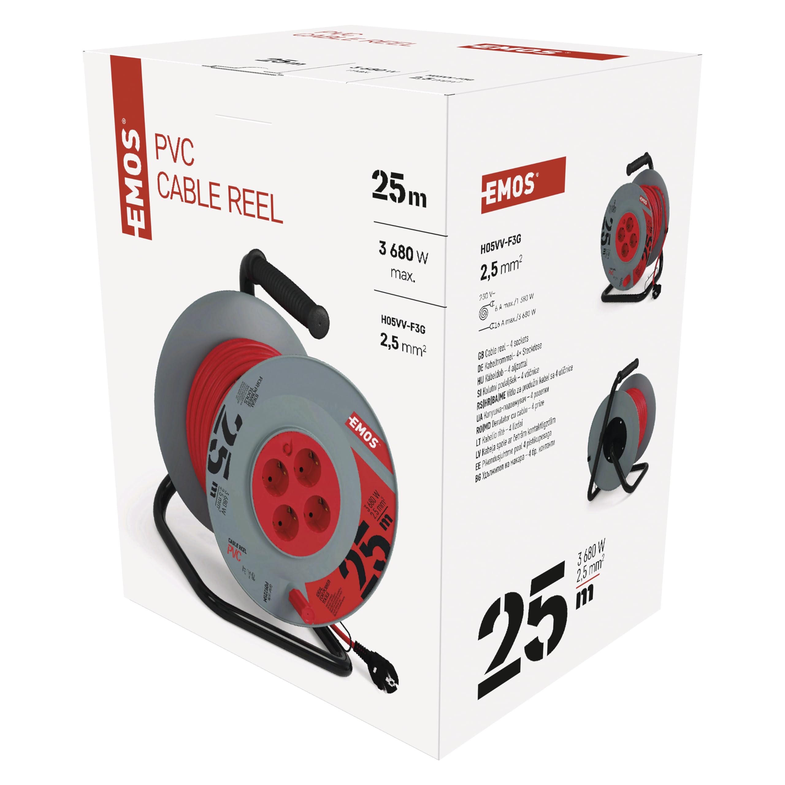 EMOS - Avvolgicavo da 25 m con prolunga rinforzata - 4 prese Schuko - 230 V, 16 A, 3680 W - Isolamento in PVC - H05VV-F3G 2,5 mm2 - Protezione contro il surriscaldamento - IP20 per interni
