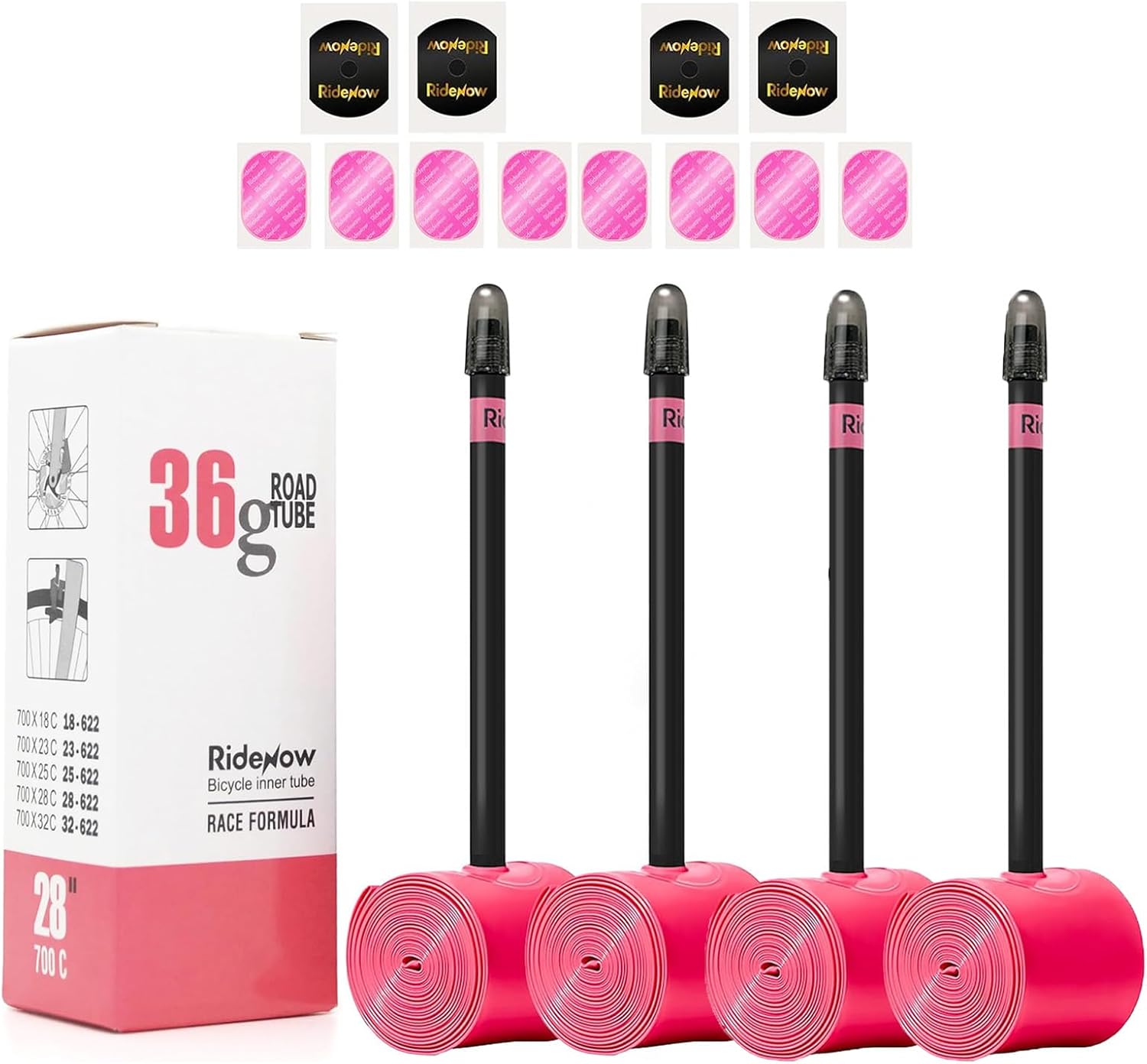 4 Pack Ridenow TPU Inner Tubes Ultra-Light 700 x 18-32c/32-47c with 45mm/65mm/85mm Presta Valves for Road Bike or Gravel Bike (Include Bike Tube Patch Repair Kit)