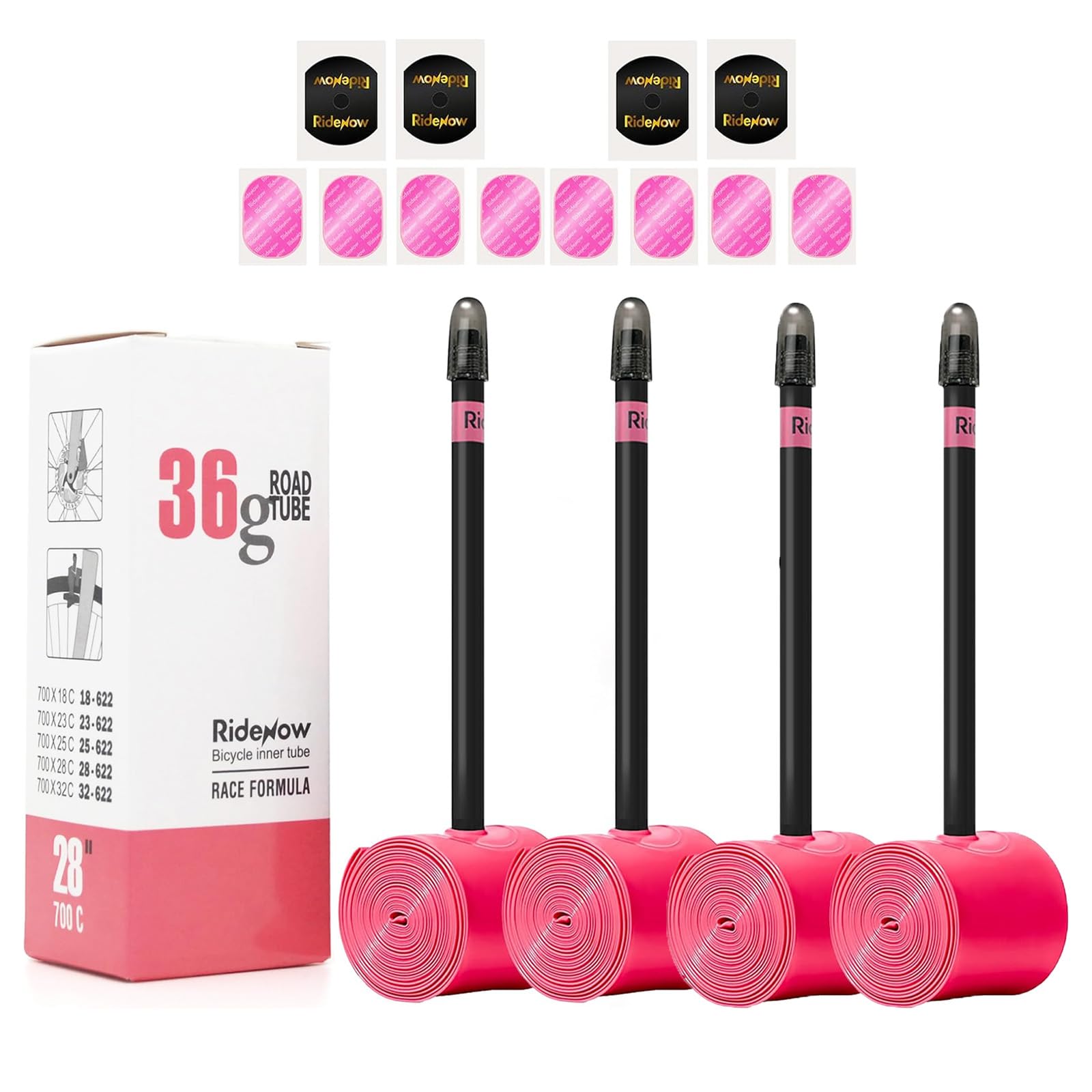 4 Pack Ridenow TPU Inner Tubes Ultra-Light 700 x 18-32c/32-47c with 45mm/65mm/85mm Presta Valves for Road Bike or Gravel Bike (Include Bike Tube Patch Repair Kit)