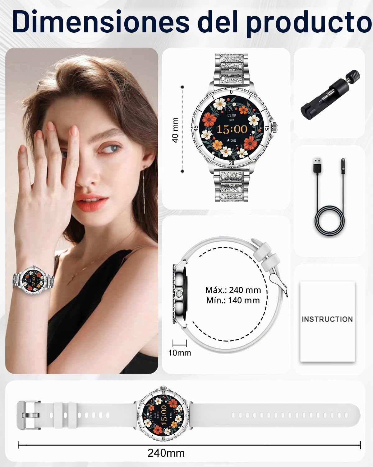 Reloj Inteligente Mujer con Llamadas, 1.27'' Smartwatch Mujer con Correa de Diamante, Compatible con Android/iOS, IP68 Impermeable Smart Watch Redondo con 120+ Deportes SpO2 Sueño Podómetro, Plata