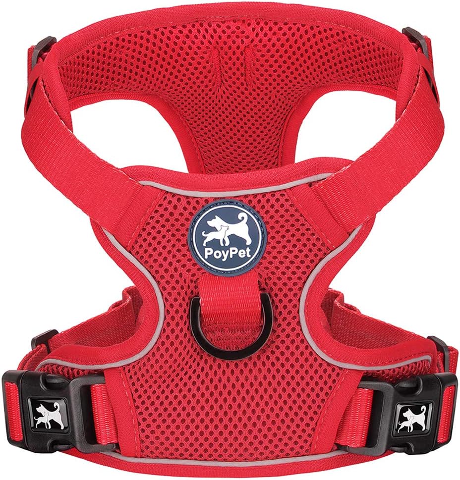 poypet reflective soft breathable mesh dog harness choke-free double padded vest with adjustable neck and chest(red,m) medium red