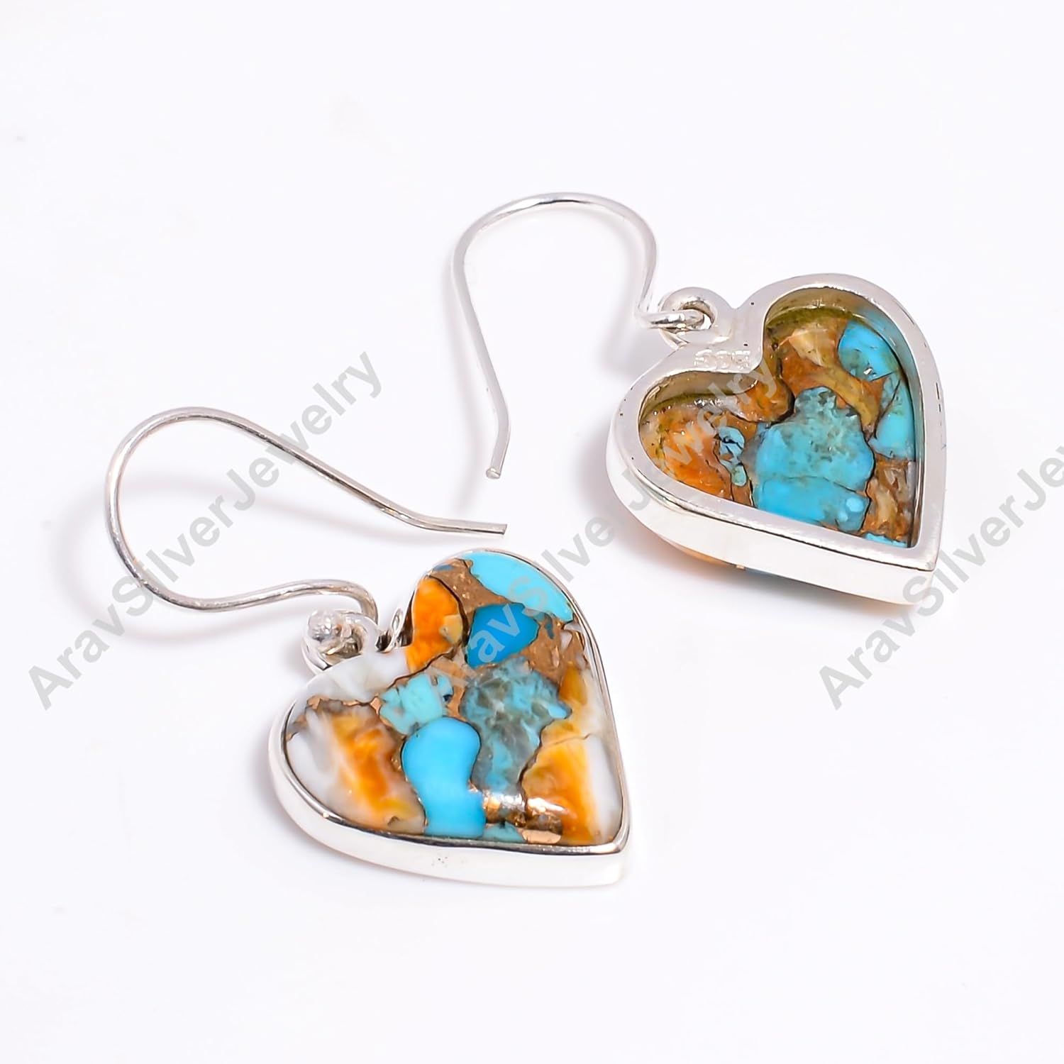 Natural Orange Spiny Oyster Turquoise Gemstone Solid 925 Sterling Silver Handmade Orange Heart Shape Stone Dangle Earrings for Women Gift for Her