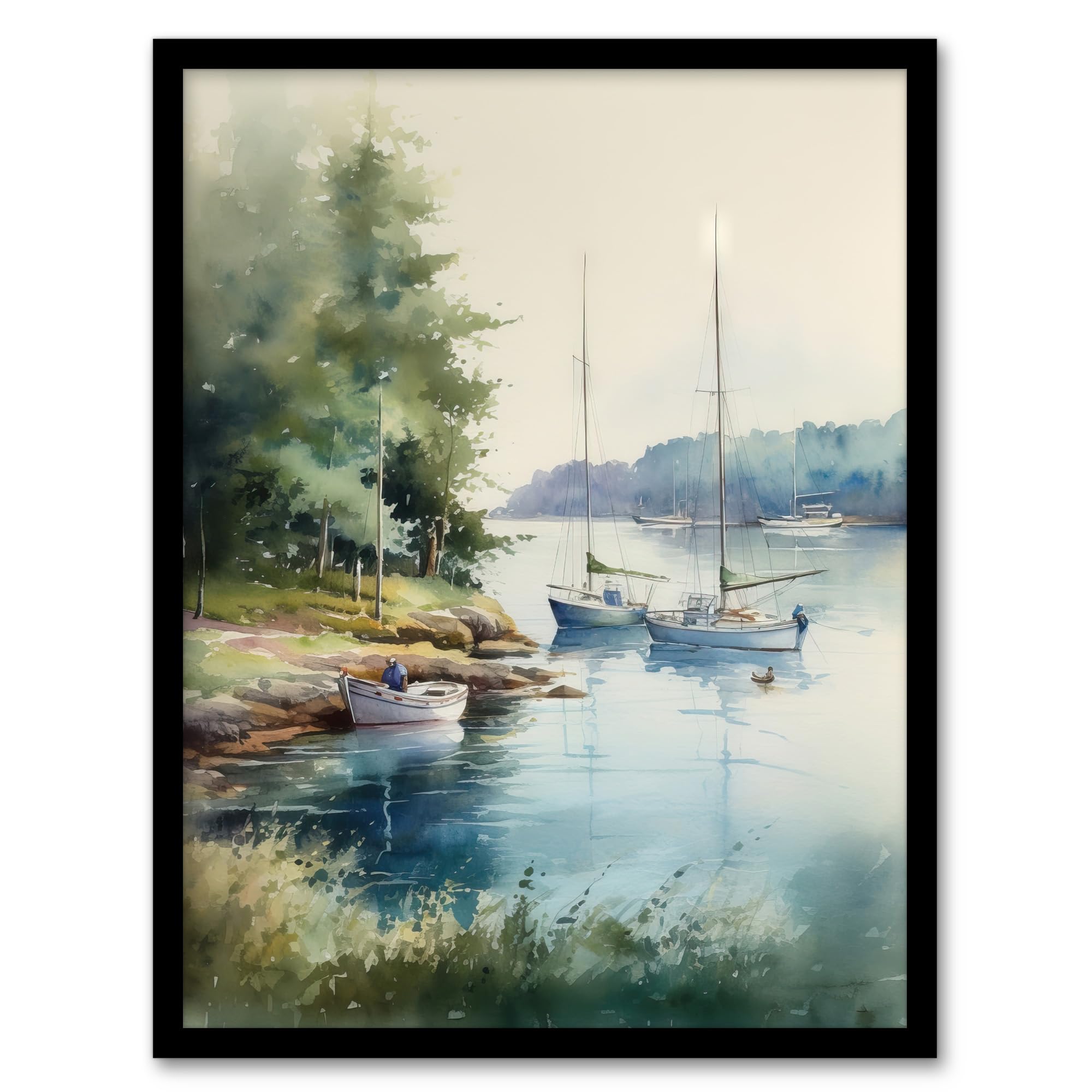 Artery8 Sailboat Watercolour Study River Thames 1967 Artwork Framed Wall Art Print 18X24 Inch
