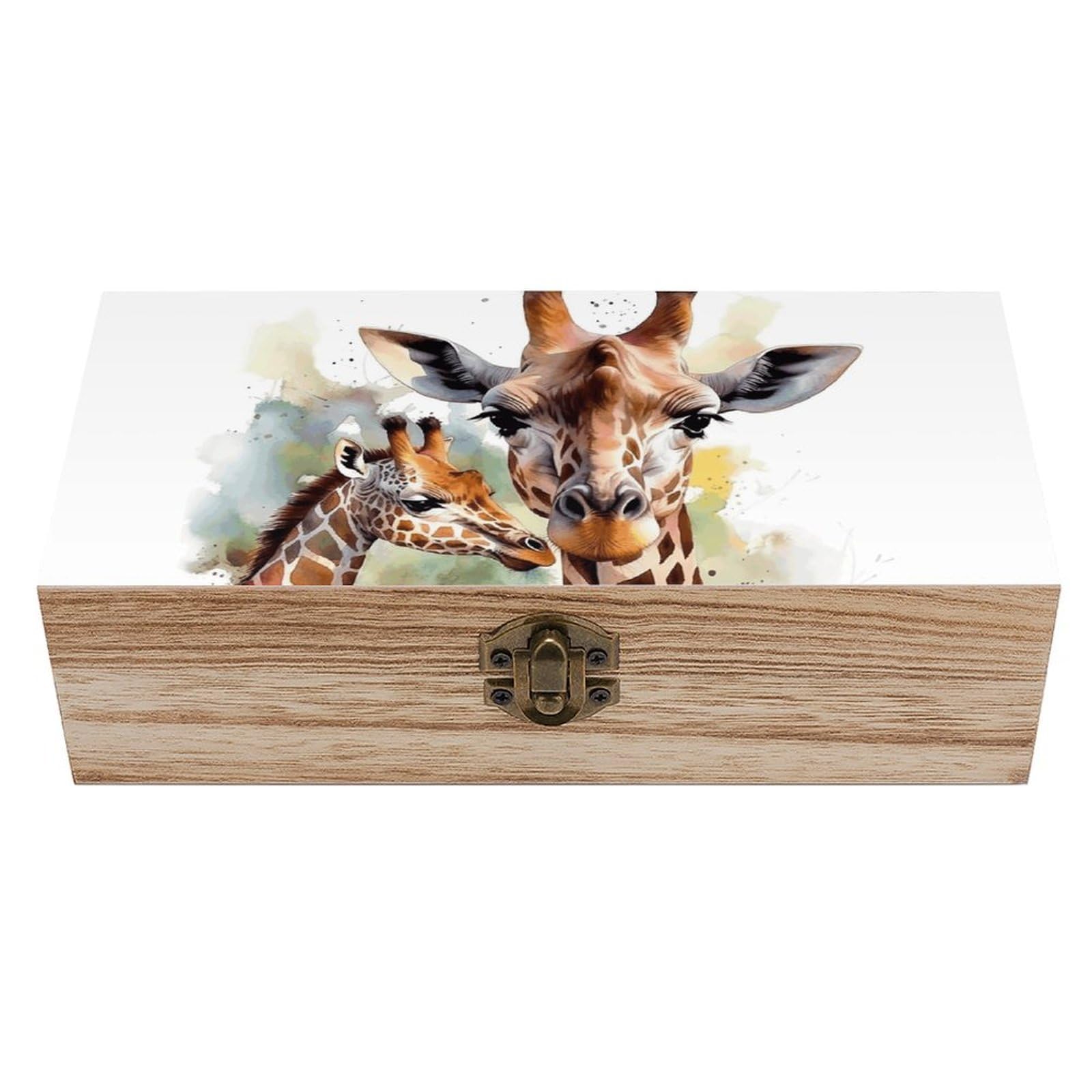 Wooden Storage Box Watercolor Deer Giraffe Wood Gift Box with Hinged Lid Vintage Decorative Jewelry Boxes Memory Box for Jewelry Art Hobbies Home Storage Treasure Keepsake Gift 7.9''x3.9''x2.3''