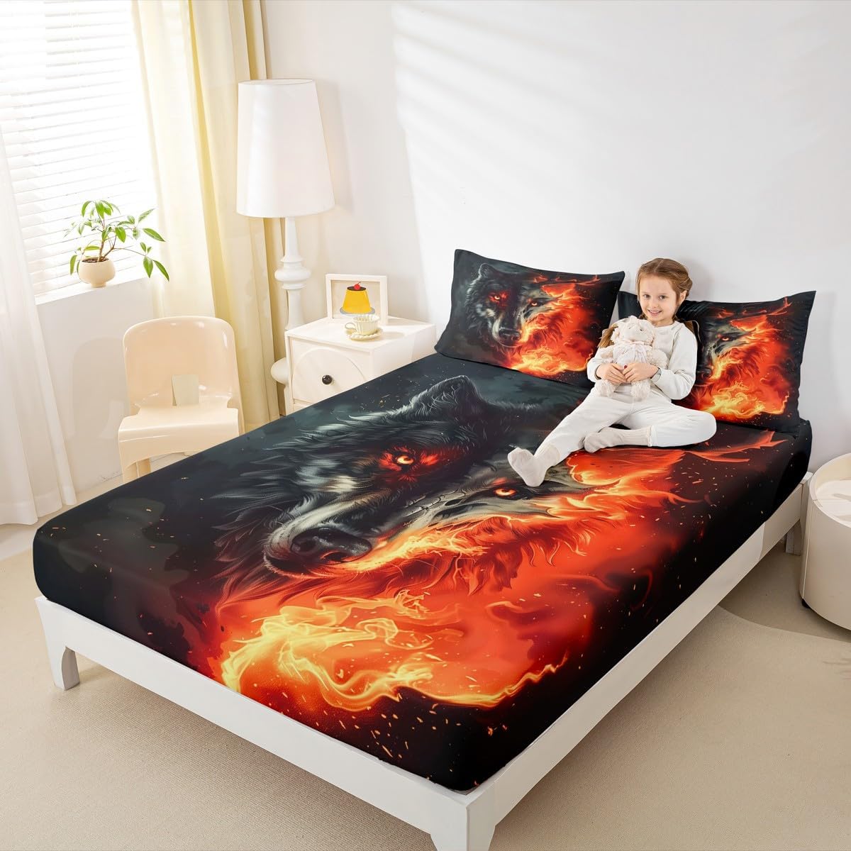 Gothic Wolf Fitted Sheet Full Size Abstract Hunting Elk Animal Bedding Set for Kids Boys Girls Teens 3D Burning Flame Bed Sheet Set Safari Wildlife Bed Cover Room Decor,No Top Sheet