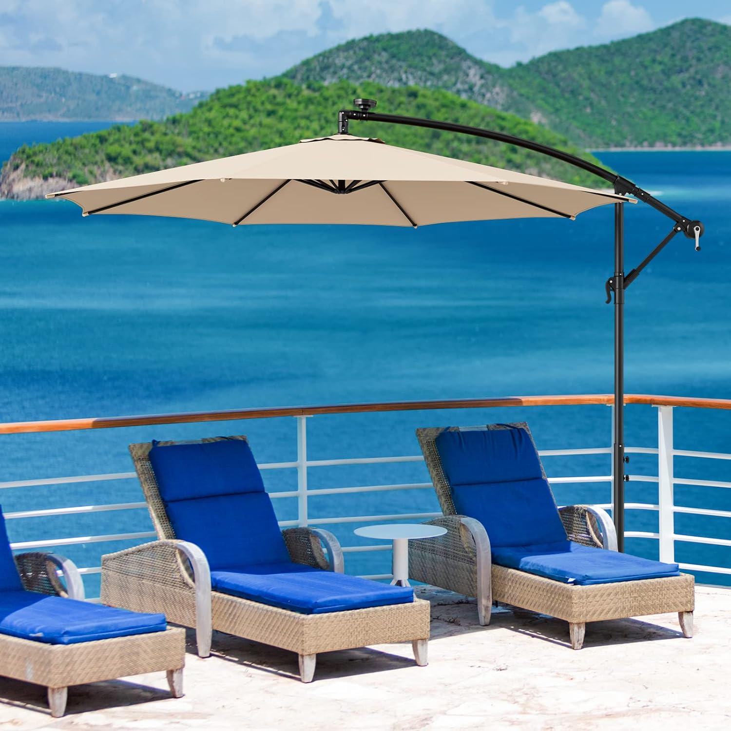 HAPPYGRILL 10FT Offset Patio Umbrella with Solar Lights, Cantilever Umbrella with Tilt Design, Crank Handle, Cross Base Stand