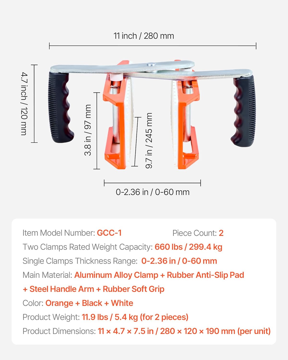 VEVOR Double Handed Stone Carrying Clamps, 660 lbs Load Capacity, 2 Pack Granite Panel Carriers Lifting Tools with Rubber-lined (0-2.36 Inches), Heavy Duty lifting Clamps for Plywood, Glass, Granite