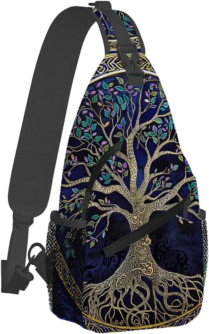 Small Circular Tree Of Life Sling Bag for Women Men Lightweight Chest Bag Crossbody Daypack Anti Theft Shoulder Backpack with Adjustable Shoulder Strap for Outdoors Sports Hiking Travel