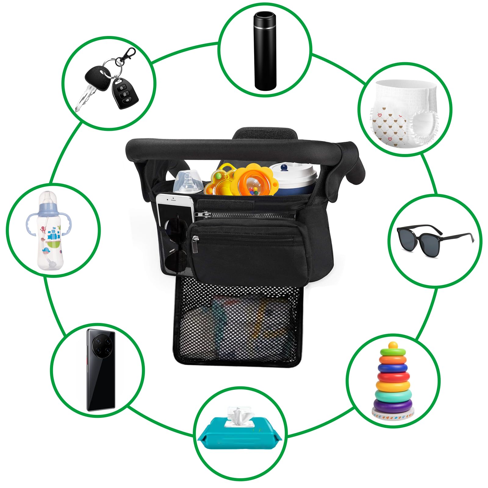 Universal Baby Passeggino Organizer, con Il Supporto di Tazza Isolato Aumentato, Borsa A Rete Rimovibile, Borsa del Telefono e Tracolla, si Adatta Alla Maggior Parte dei Passeggini