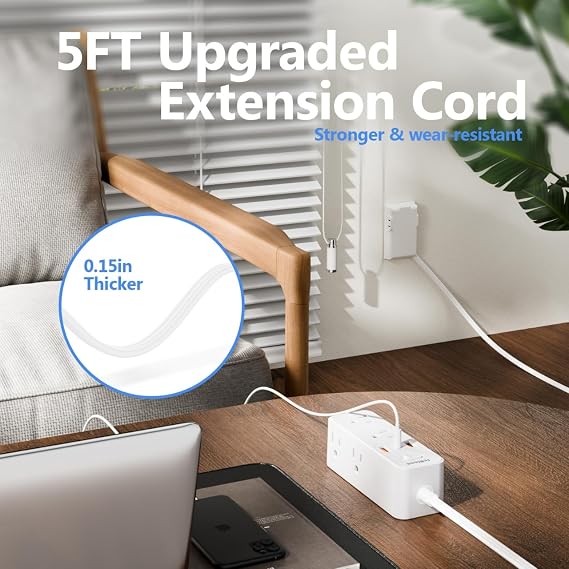 Power Strip Surge Protector with Flat Extension Cord Outlet Cover 6 AC Outlets(3 Wall Outlets Extender) 3 USB Ports (2USB C), 1050 Joules, Multi Plug for Home Office College Dorm Room Essential