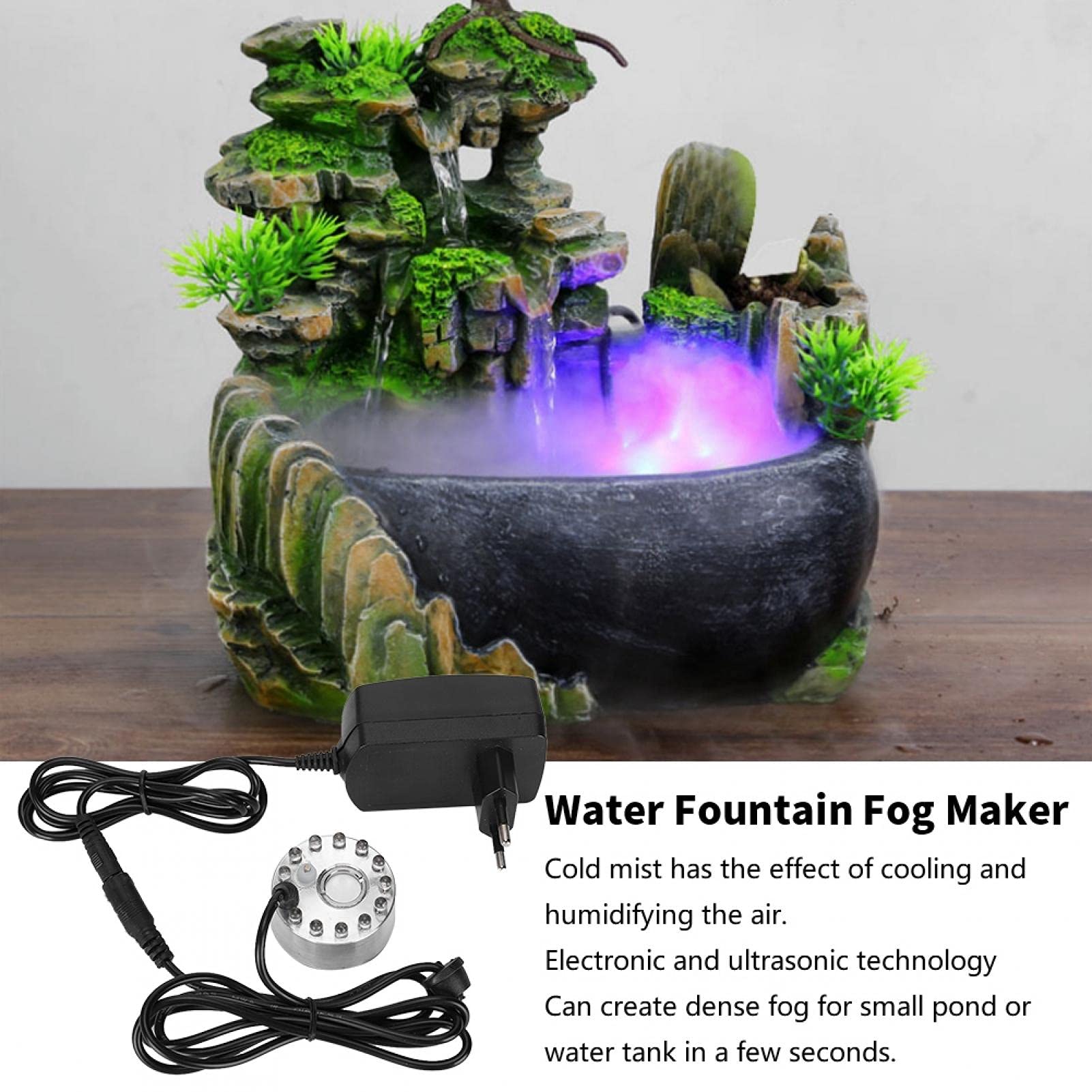 Haofy Mist Maker Fogger, Mini Ornamento per Fontana d'Acqua Mist Fog Maker Atomizzatore con Decorazione Paesaggistica a 12 Luci(EU)