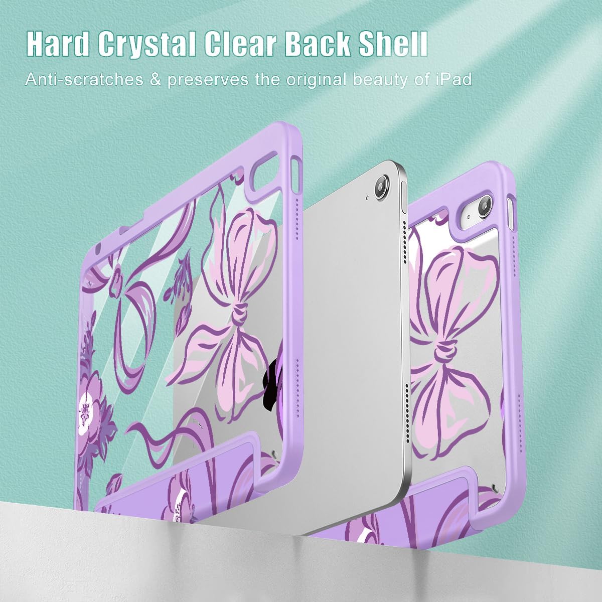 Mektron Case for 2025 iPad 11 inch (A16 Chip) 11th Gen Fit iPad 10th Gen10.9 inch 2022, Buit in Pencil Holder with Shockproof Cover Clear Shell + Trifold Stand, Flowers-Bows-Purple - Image 4
