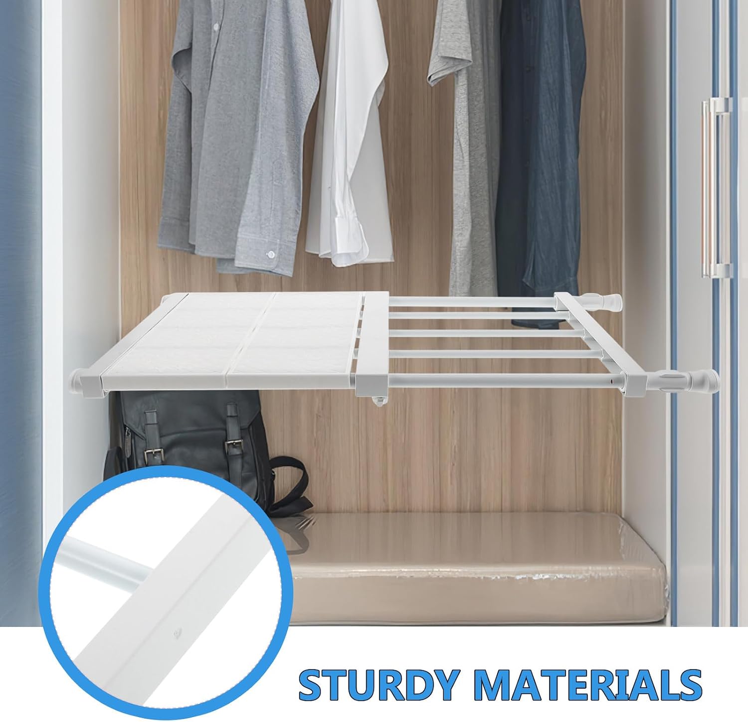 Adjustable Plastic Tension Shelf for Closet White 36cm Width Expandable Organizer Rack for Cabinet Wardrobe Storage and Dorm Room Use