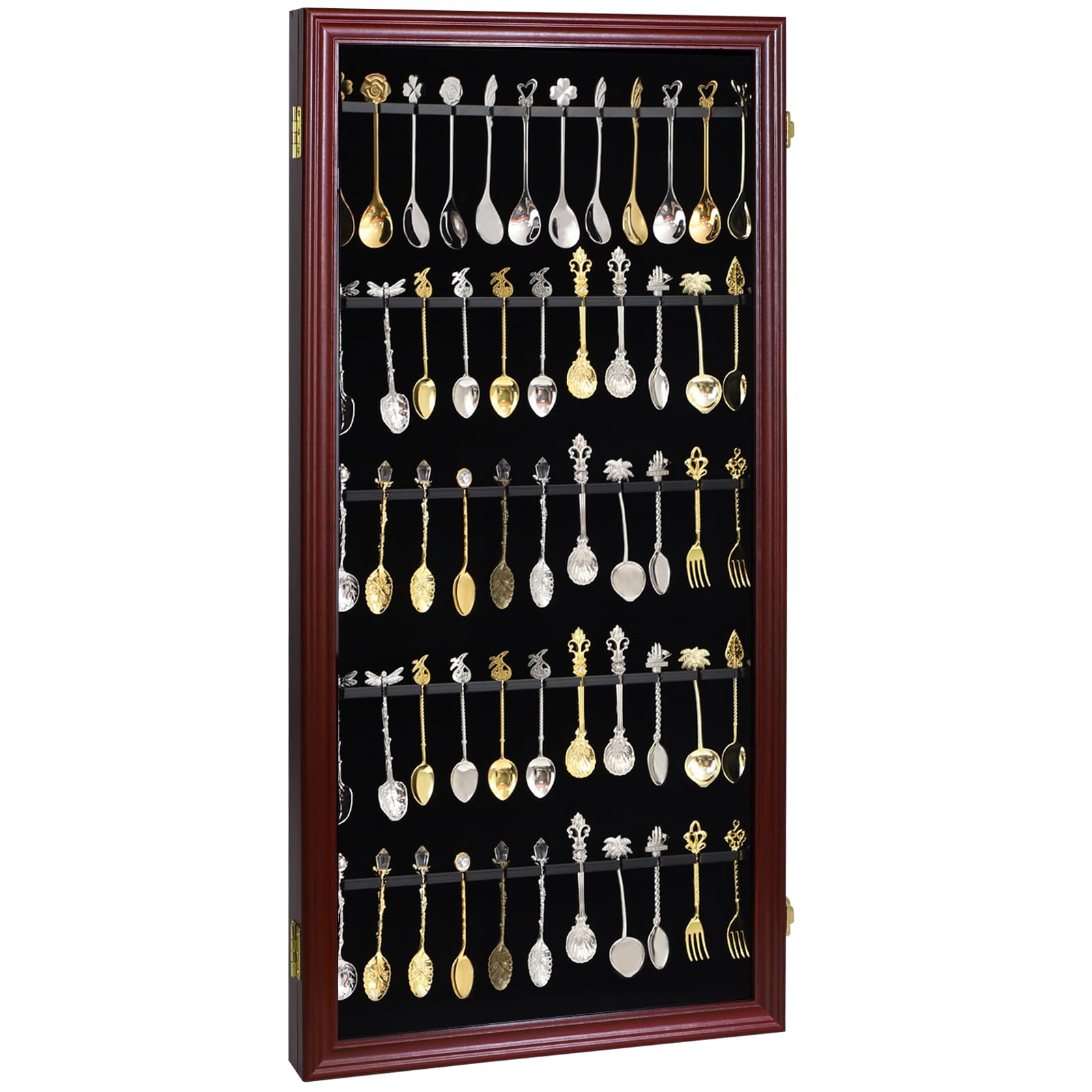 Expositor de 60 cucharas de té de recuerdo, colección de coleccionistas, soporte de pared de madera con 98% acrílico UV con cerradura (60 cucharas, cereza)