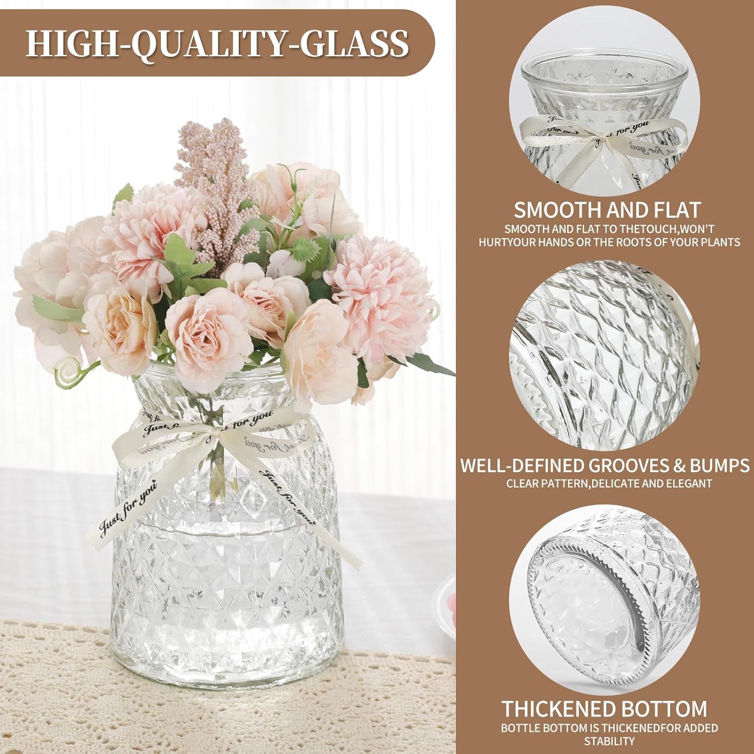 SOJOCK 2PACK Glass Flower Vases(Flowers NOT Included),6.3" High Diamond Pattern Vases,Vintage Vases for Centrepieces,Wedding Decorations,Home Table Flower Decorations - Image 3
