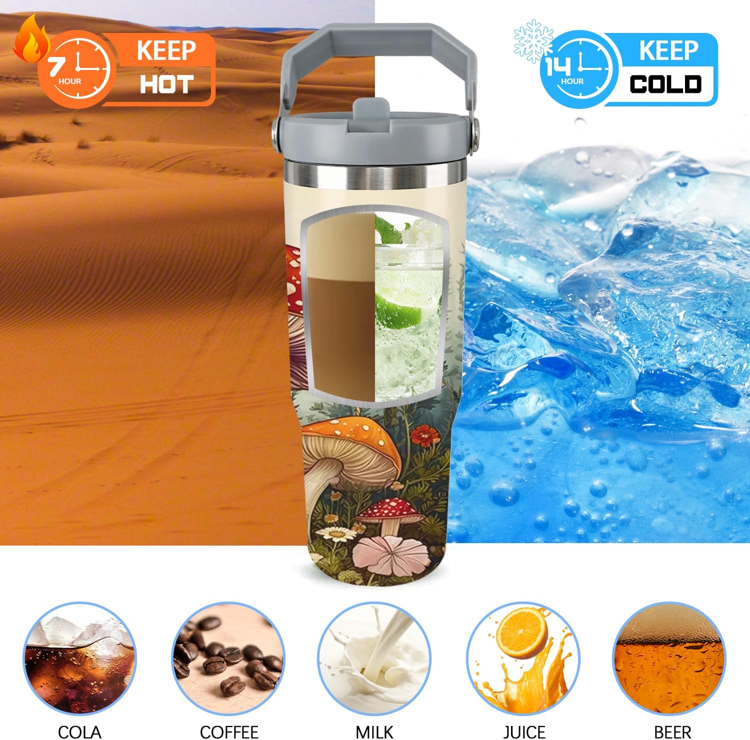 Mushroom Tumbler with Handle 30oz Vacuum Insulated Mushroom Cup with Lid and Straw Mushroom Gifts for Women Men - Image 3