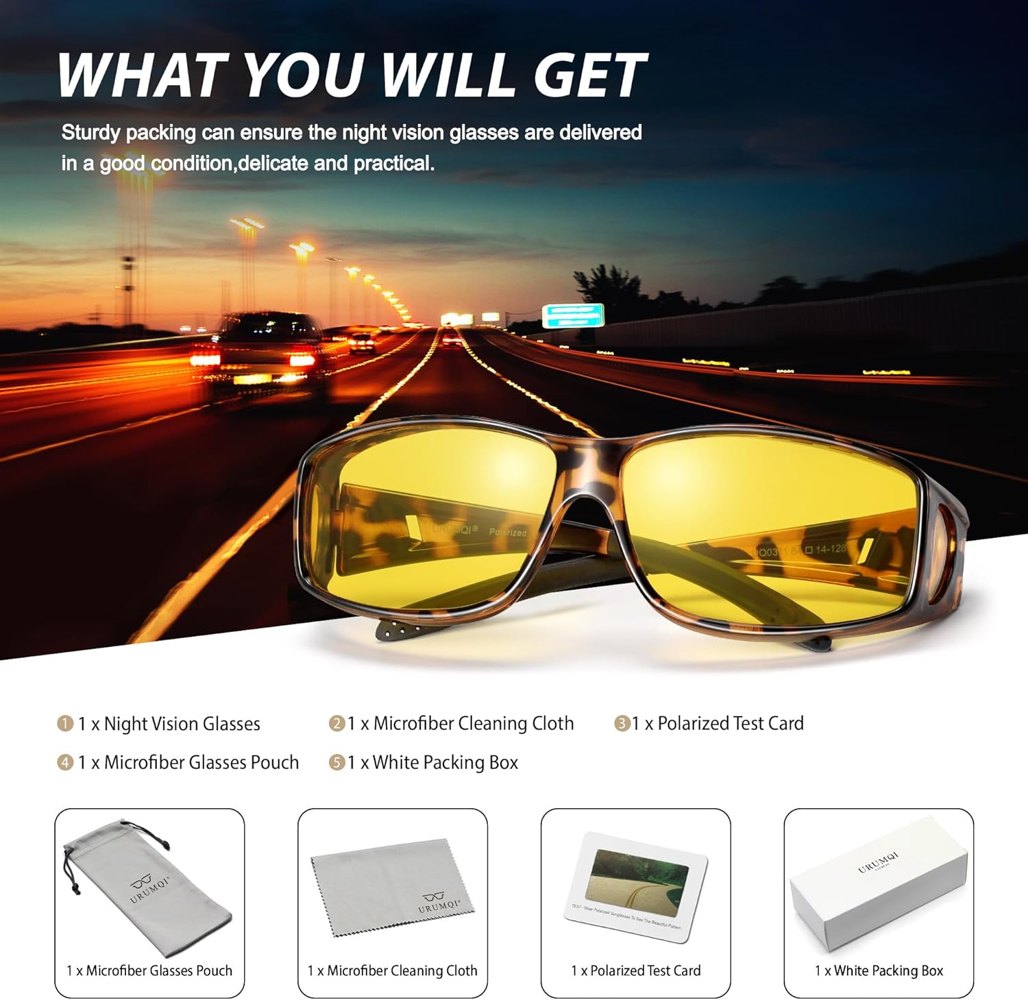 URUMQI Night Vision Driving Glasses Fit Over Eyeglasses for Men Women, Anti Glare Polarized Nighttime Glasses Yellow Lens - Image 7