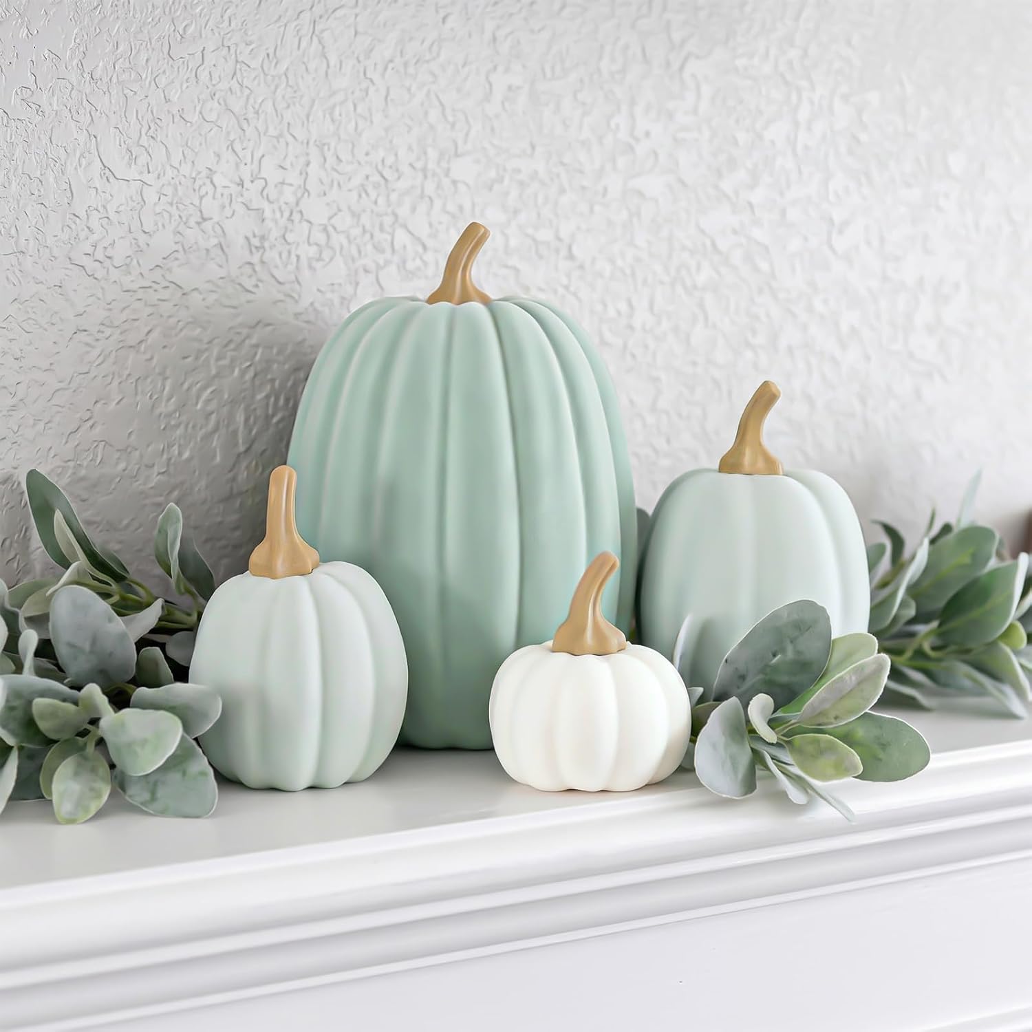 DoubleFill 4 Pack Fall Thanksgiving Velvet Pumpkins Set Large Artificial Sage Green Pumpkins with Stems Rustic Farmhouse Fall Decor for Autumn Table Centerpiece Mantel Harvest Festival Decor