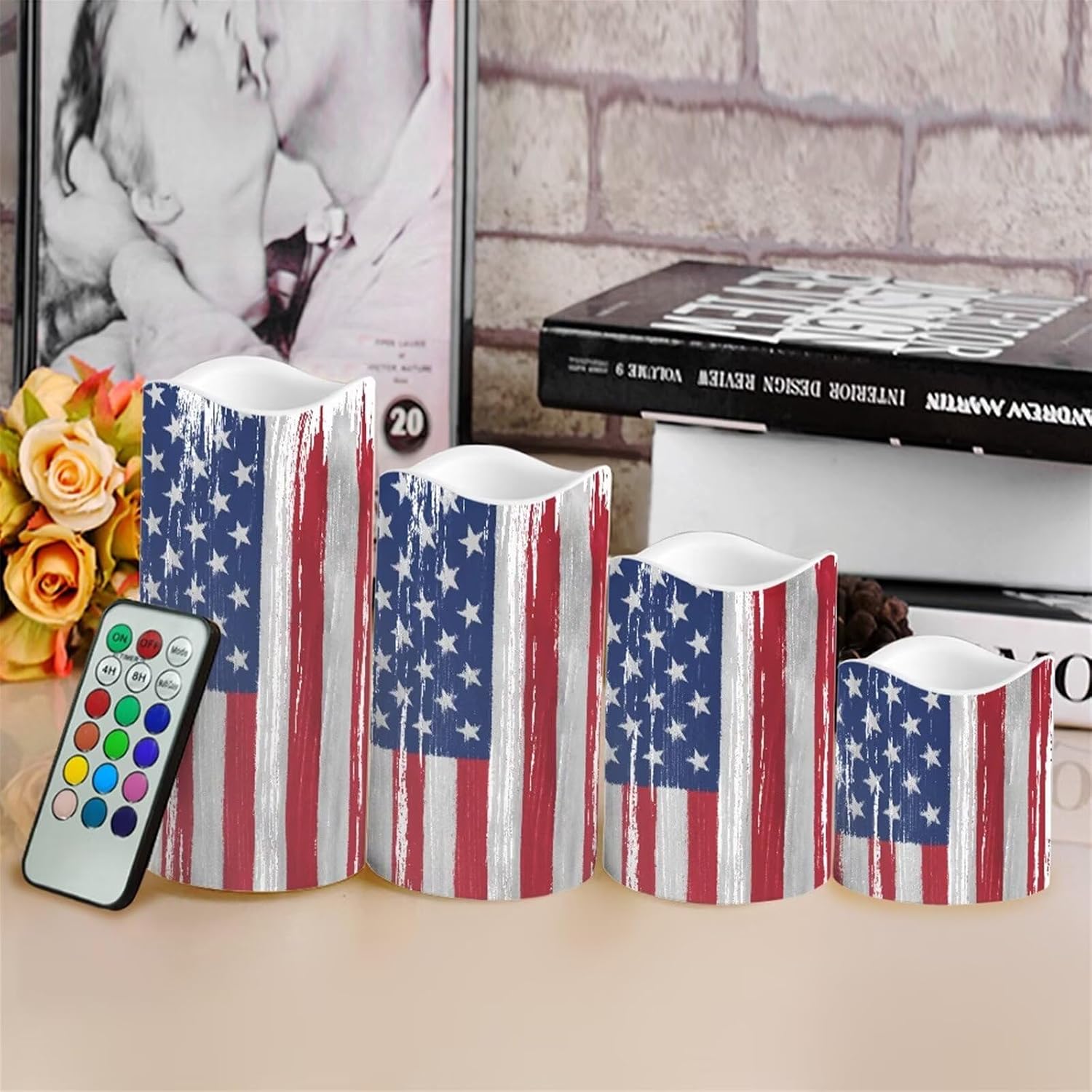Ystardream American Flag Luminara Candles Battery Operated Candle Blink with Timer, Pillar Embedded Flameless Candle, LED Candle for Wedding Men Women's Gift