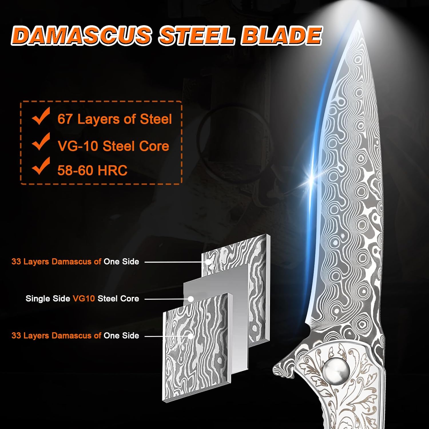 Zingbee Damascus Pocket Knife for Men, Pocket Knives & Folding Knives with Rosewood Handle, Folding Knife with Clip for Camping Hunting Outdoor Collection