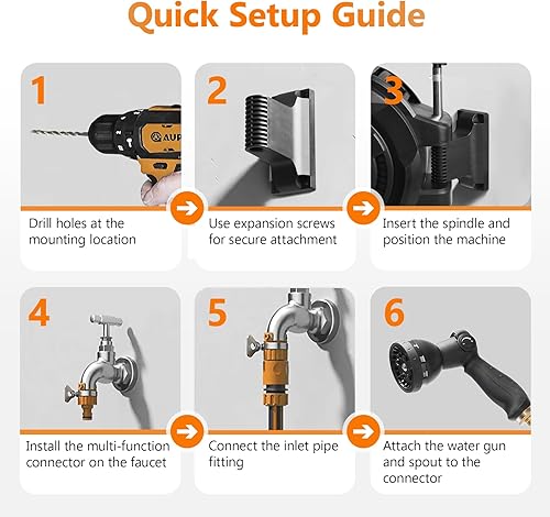Miniatura 9 de Carrete de manguera de jardín retráctil de 12 pulgada x 100 pies, carrete de manguera resistente montado en la pared con boquilla rociadora de 10