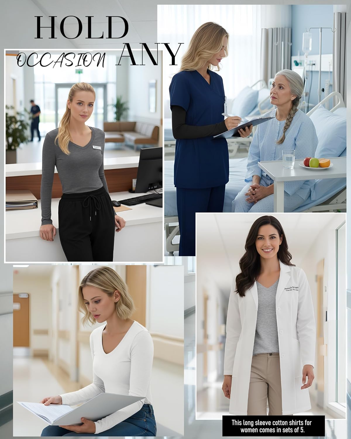5 Pack Women's Long Sleeve Under Scrubs V Neck Fitted Undershirts Basic Layering Tops for Nurse - Image 5