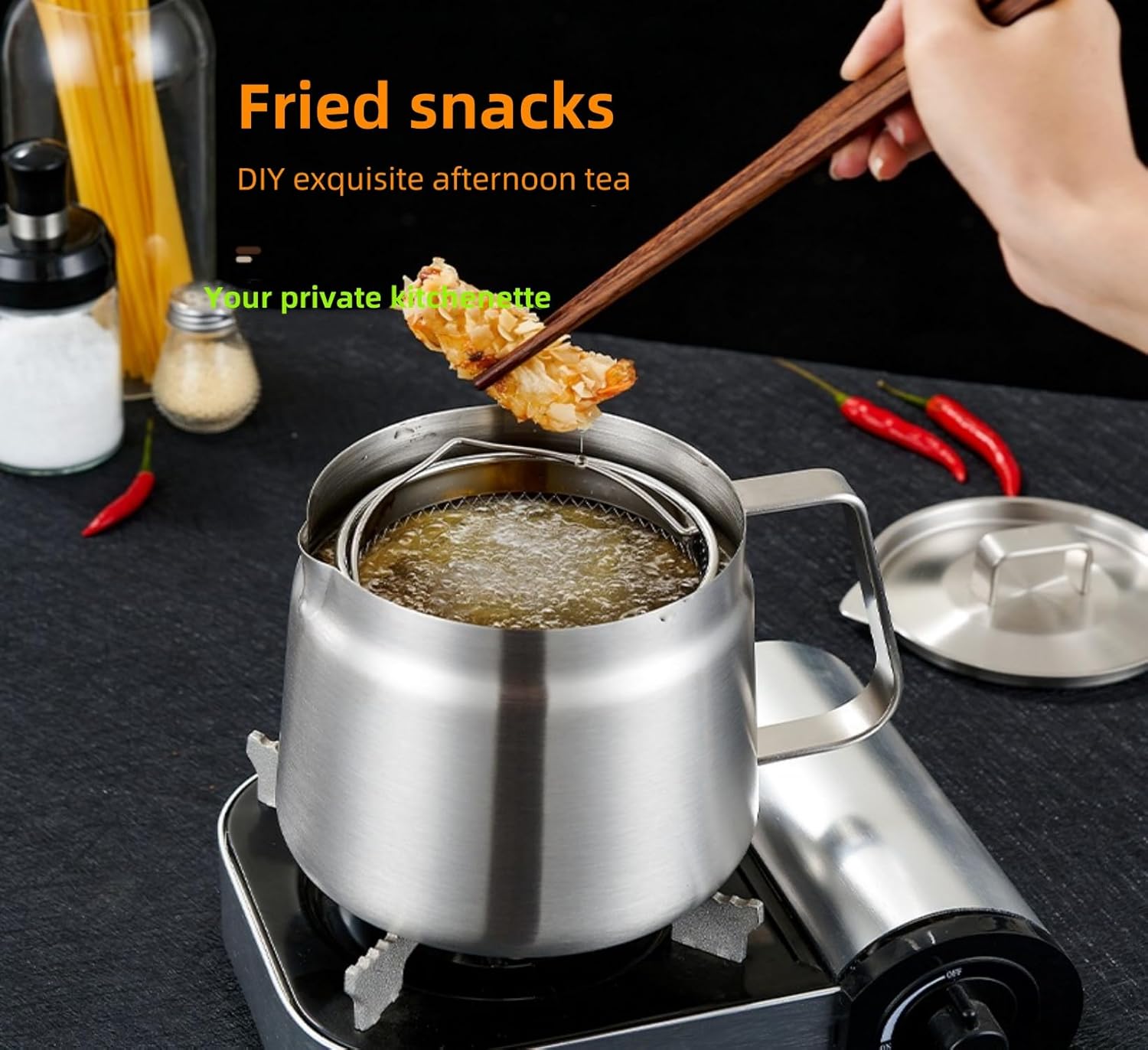 food grade 304 stainless steel 68oz fryer with oil filter and frying basket, height 6.3” * diameter 5.5“inches, large capacity, suitable for containers such as oil, milk, coffee, etc