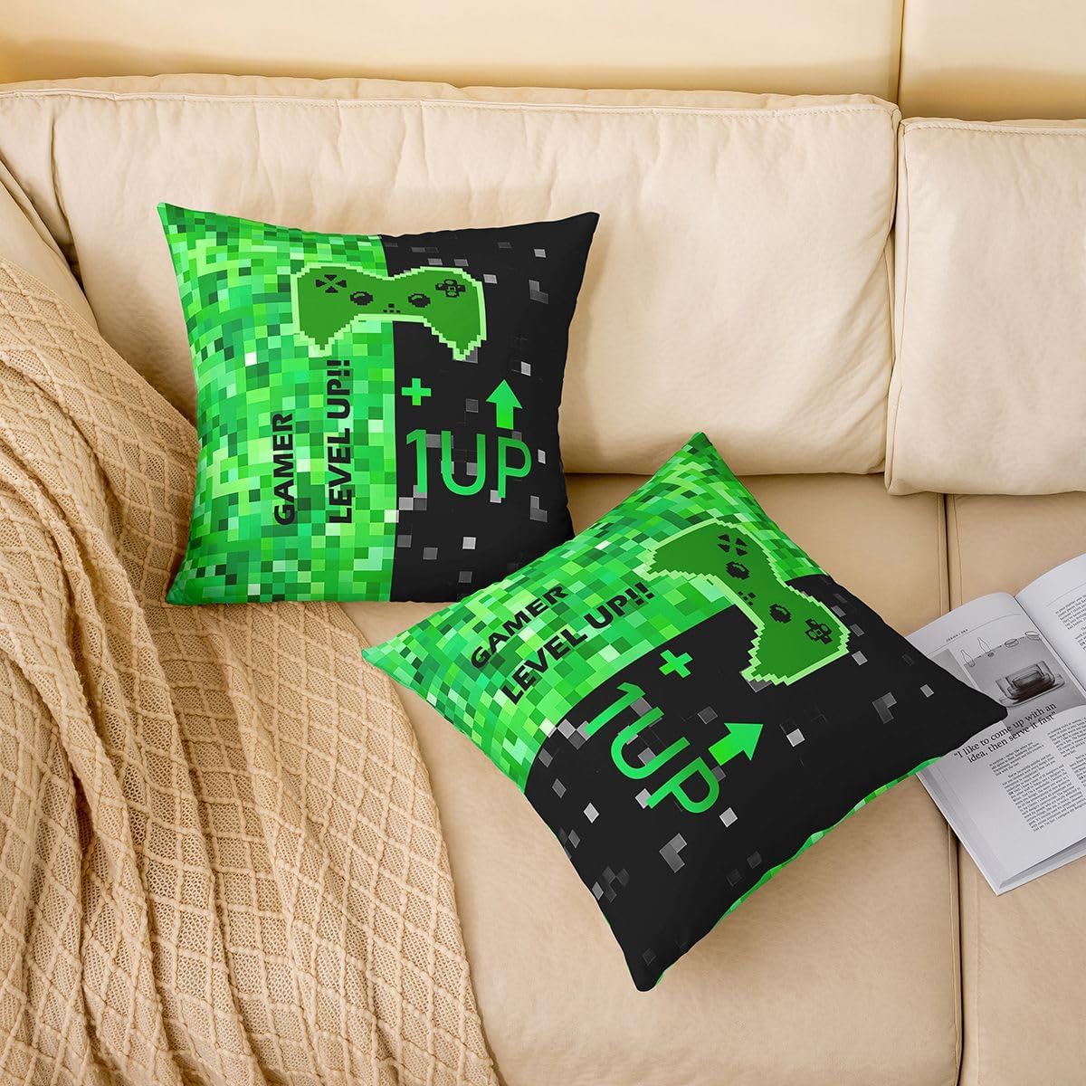 Castle Fairy Pixelated Blocks Throw Pillow Covers 18"x18" Set of 2 Video Games Kids Cushion Covers for Couch Sofa Video Gaming Theme Decorative Pillowcases Green Soft Pillow Cases image 2