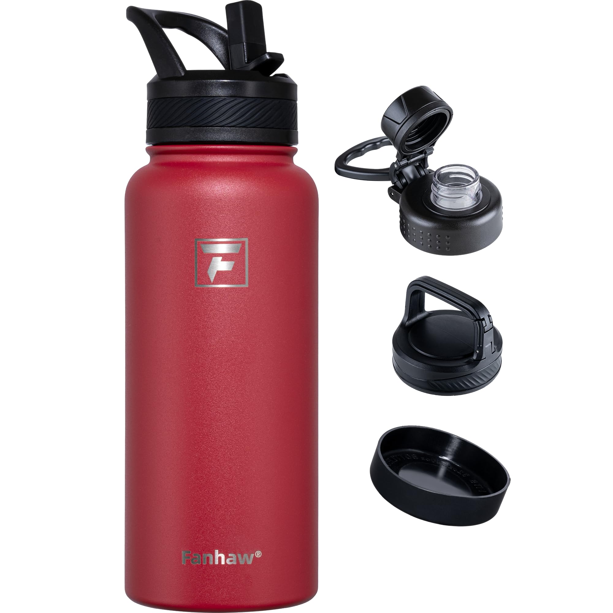 Fanhaw Isolierte Wasserflasche, 900 ml, tragbare Edelstahlflasche mit 3 Deckeln (Strohhalm, Ausgießer, Karabiner), auslaufsicher, für Fitnessstudio, Wandern, Arbeit, Reisen und den täglichen Gebrauch