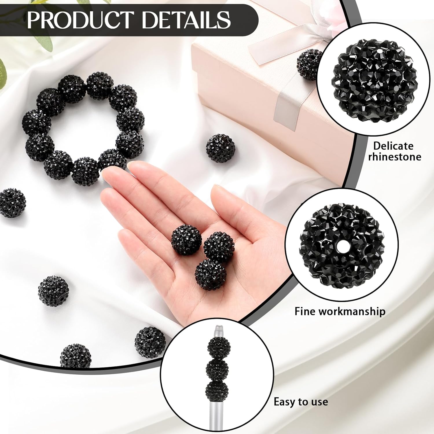 40 Pcs 20 mm Rhinestone Beads Bulk Crystal Round Disco Ball Chunky Bubblegum Beads for Pens Bracelets Charms Craft European Style Jewelry Making Supplies Christmas(Black) - Image 3