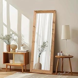 Full Length Mirror 58"x22" Solid Wood Frame Floor Large Mirror for Living Room, Bedroom Hanging or Leaning Wall-Mounted, Light Brown