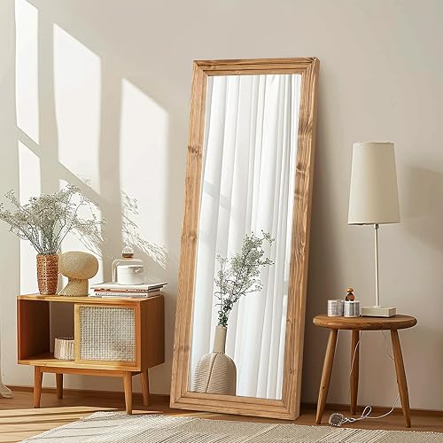 ABSWHLM Full Length Mirror 58"x22" Solid Wood Frame Floor Large Mirror for Living Room, Bedroom Hanging or Leaning Wall-Mounted, Light Brown
