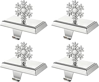 Stocking Holders for Mantle, 4 Pcs Weighted Christmas Stocking Holder, Magnetic Silver Snowflakes Stocking Hooks for Fireplace