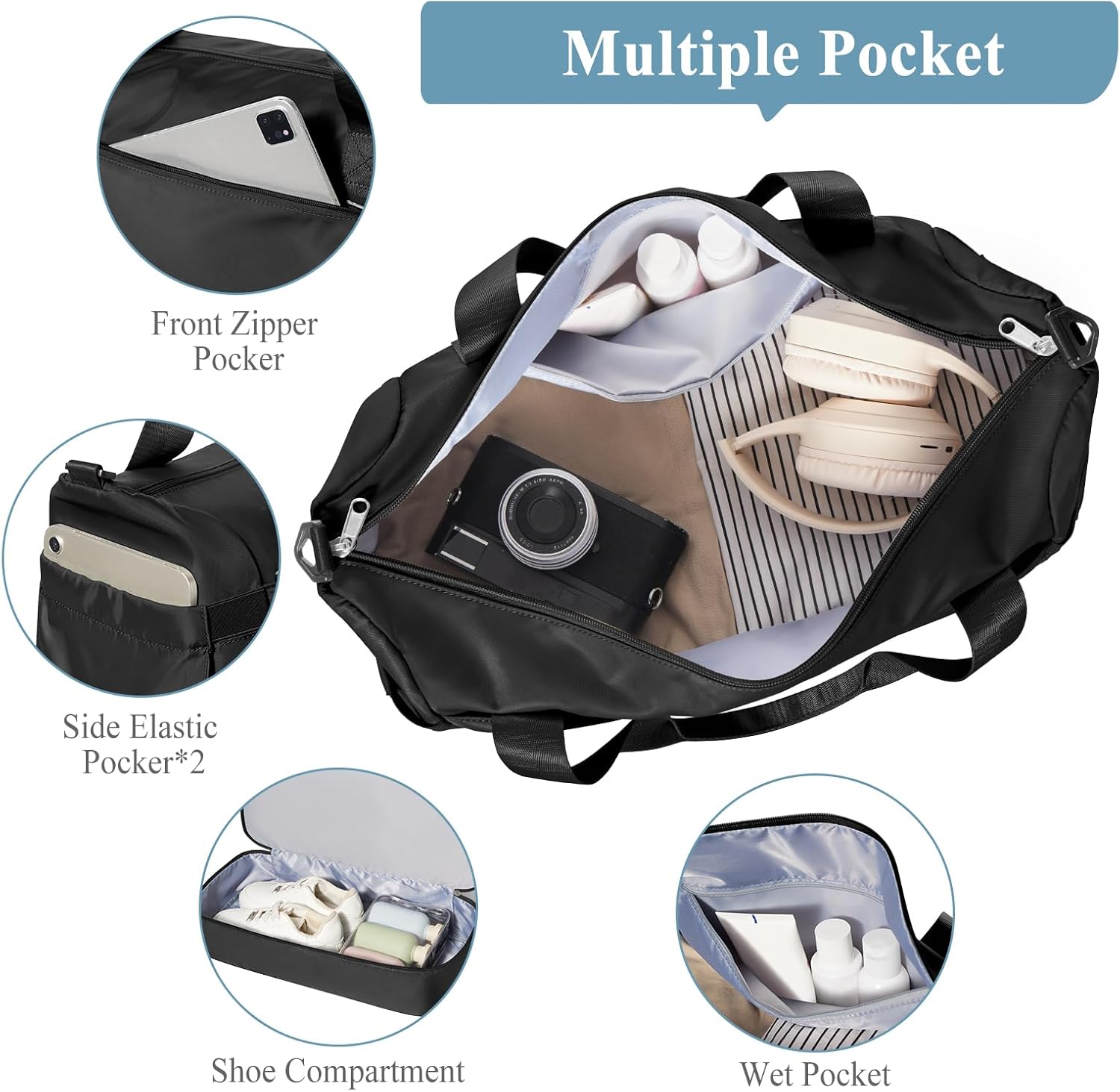 Travel Duffel Bag with Shoes Compartment, Overnight Weekender Bags for Women, Carry on Personal Item Bag with Wet Pocket for Travel, Gym, Weekend,Black - Image 4