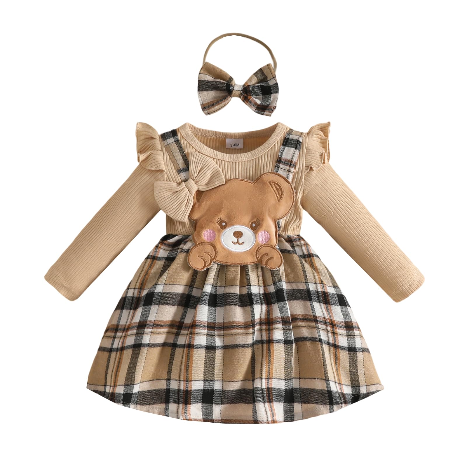 Vêtements Bébé Fille 2 Pièces Barboteuse Robe à Carreaux Manches Longues et Bandeau Ensemble Naissance Jupe Tenues