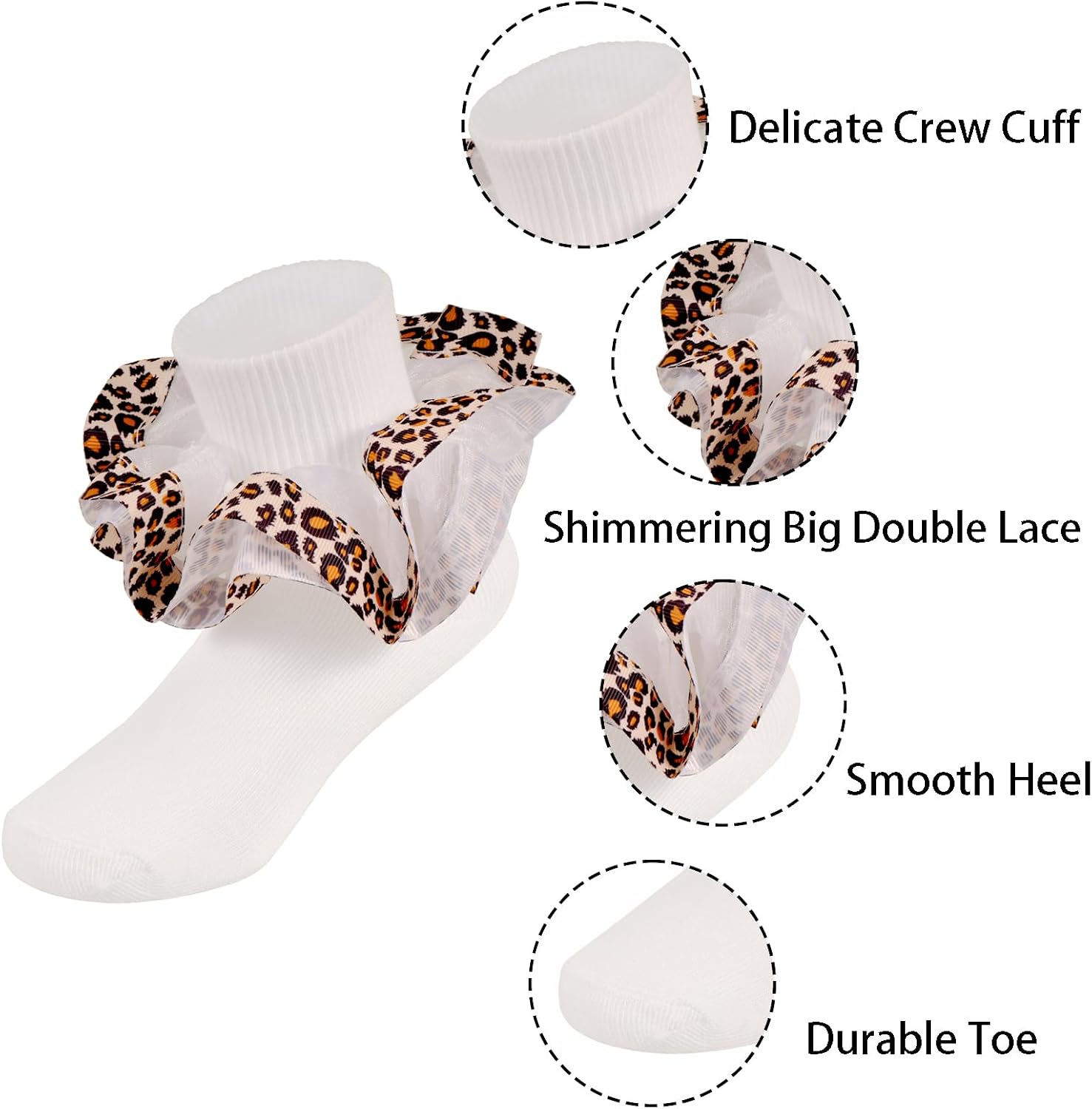 Girls Leopard Ruffle Cotton Ankle Socks, Adjustable Cuff Design Big Double Lace Frilly Dress Sock for Toddlers 1-10T