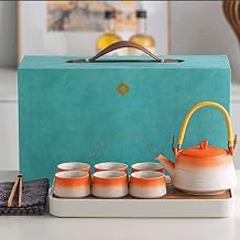 Tea Set Service, 10 Pcs Coarse Ceramic Tea Set, Gradient Teapot and Cup Collection with Bamboo-Style Drain Tray, Woven Handle Gongfu Tea Set with Gift BoxA
