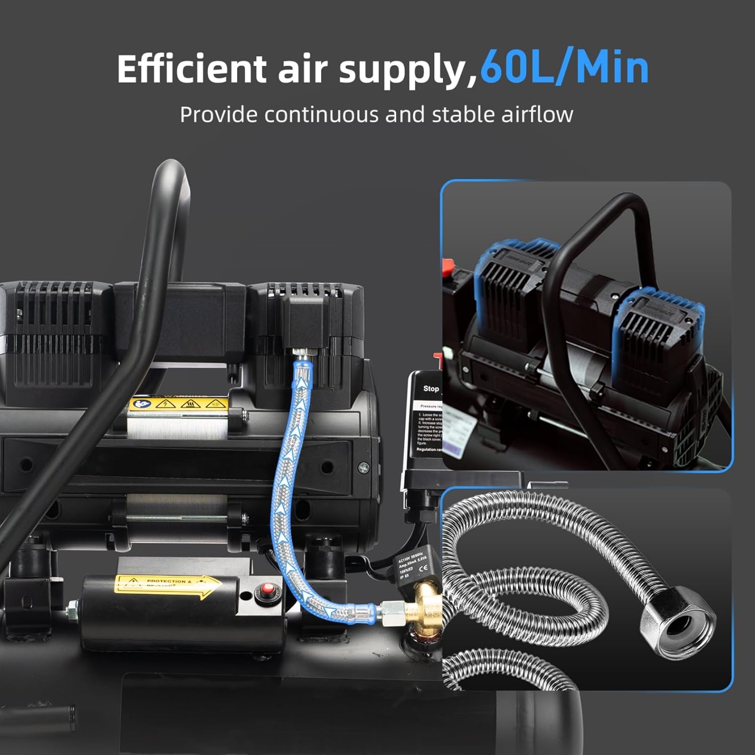 Air Compressor, 2.0 Gallon, 1.0 HP Oil Free, Max 115 PSI, 65dB Ultra Quiet, for Auto Repair, Tire Inflation, Spray Painting, Woodwork Nailing