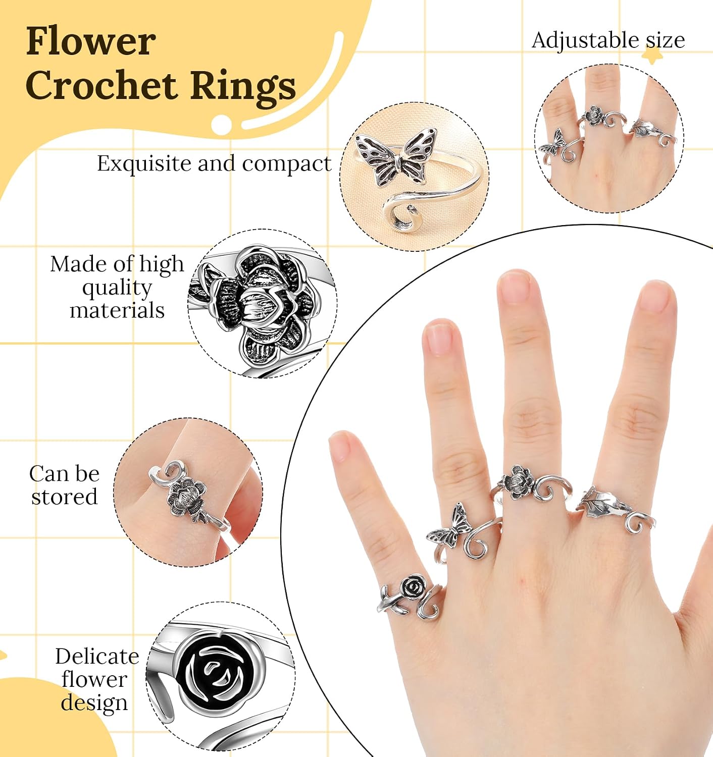 4 Pcs Crochet Rings for Fingers, Adjustable Crochet Rings for Tension