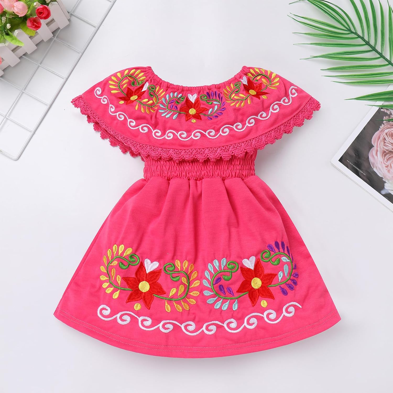 Kids Toddler Girls Traditional Mexican Off-Shoulder Floral Embroidered Drape Dress