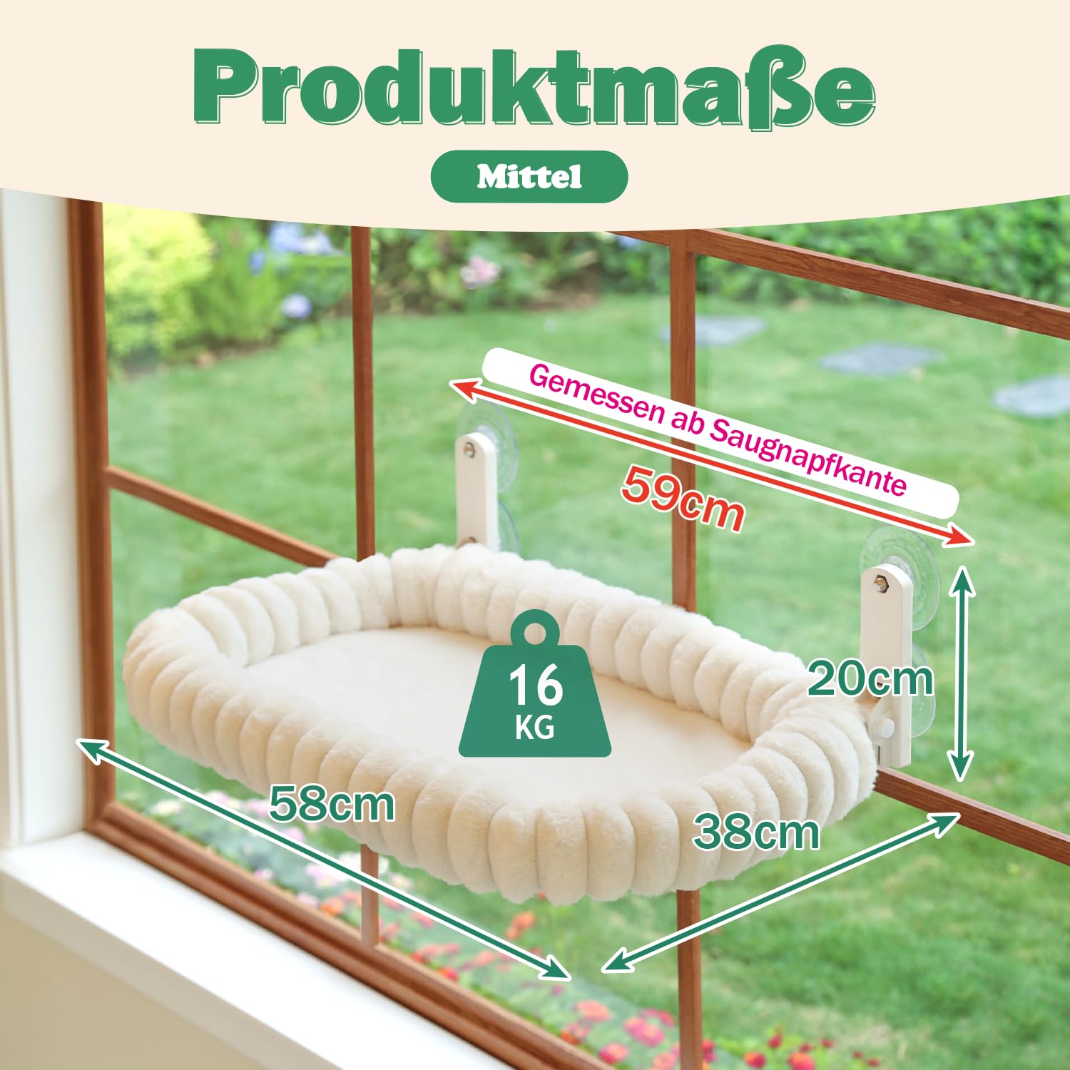 Zakkart SnugCloud Klappbarer Katzen-Fensterplatz – Kabellos, kuschelweiches, waschbares Bett mit 4-Seiten-Polster & Metallrahmen als Fenster-Hängematte für große Katzen & Kätzchen (Weiß, Größe M)