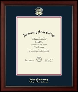 Liberty University College of Arts & Sciences 13" w x 17" h Diploma Frame - Fits a master's and phd - Gold Embossed Diploma Frame - Cherry Moulding with Navy and Red Matting