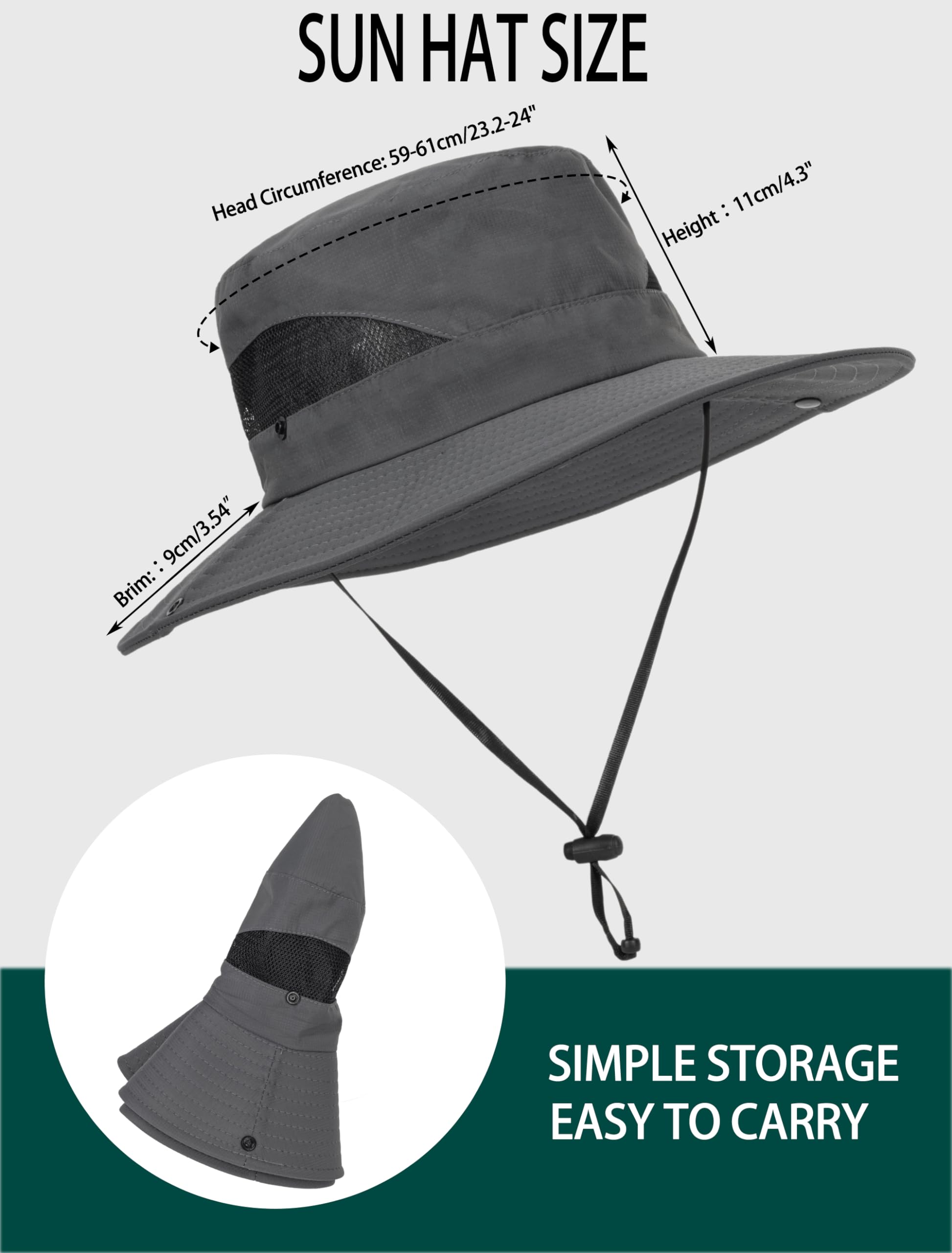 Men & Women Summer Sun Hat Beach Hat Wide Brim Outdoor Sun Protection Hat Packable Mesh Bucket Cap Safari Fishing Hat Dark Grey