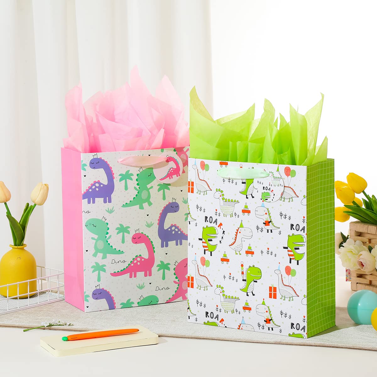Vammy 13" Large Gift Bag with Tissue Paper, 2 Pack Dinosaur Gift Bags for Birthday Party baby shower (Dinosaurs)
