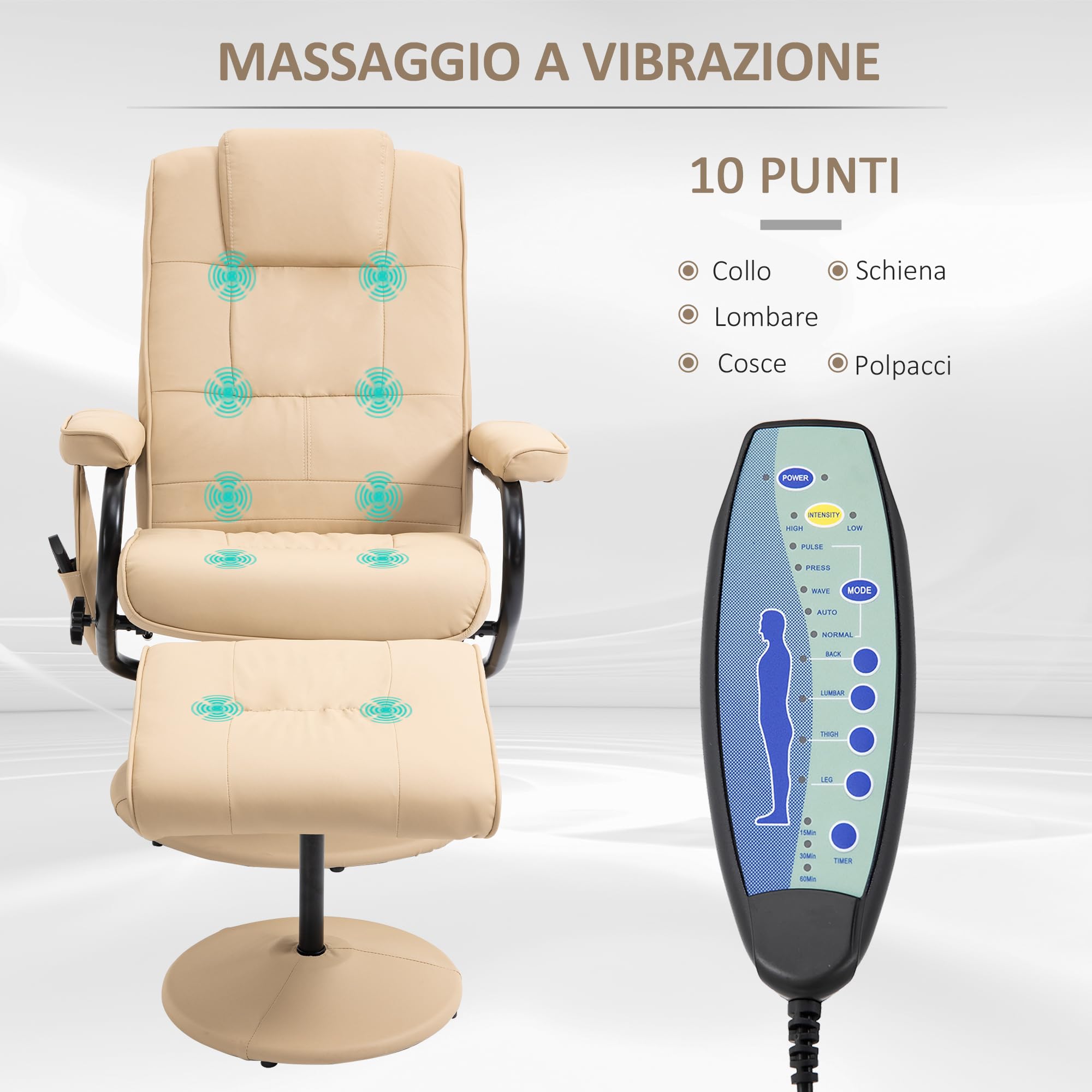 HOMCOM Poltrona Relax Massaggiante con Pouf Poggiapiedi, Poltrona Reclinabile a 145° con 10 Punti Massaggio e Telecomando in Finta Pelle, Crema